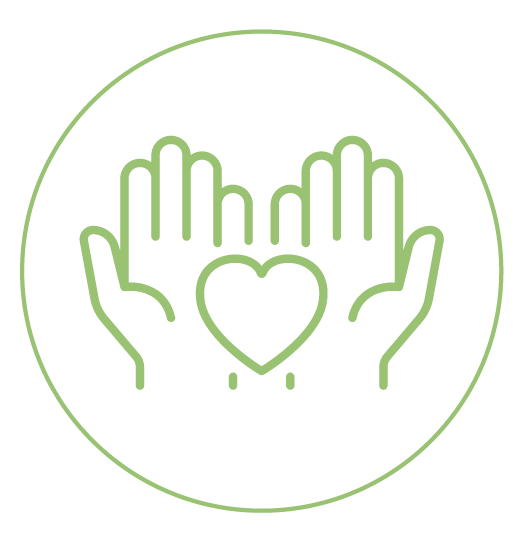 icono verde a línea rodeado por un círculo de unas manos con un corazón sobre las palmas